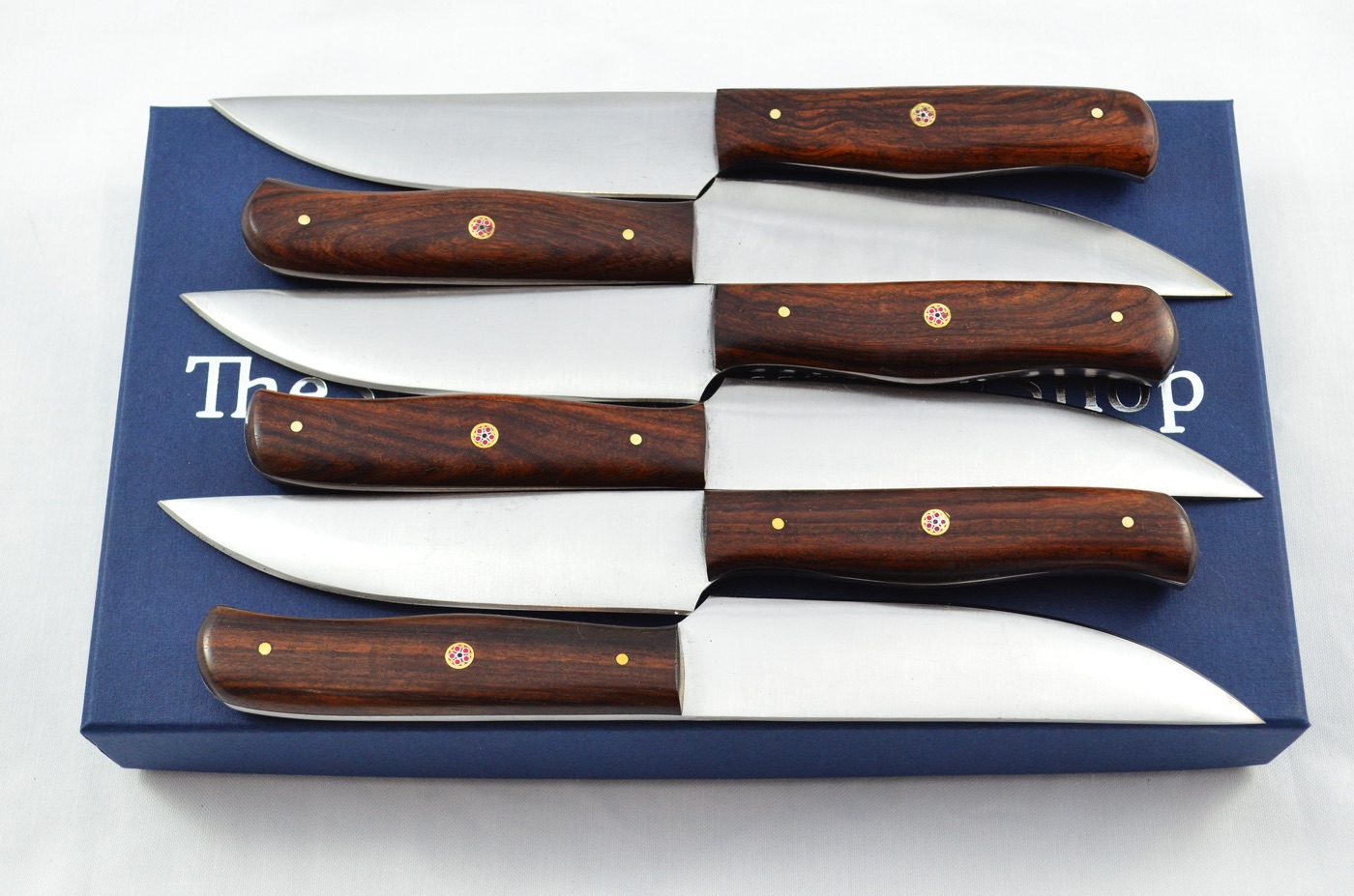 Six Huge Genuine Rosewood Handle Carbon Steel Steak Knives Boxed Made ...