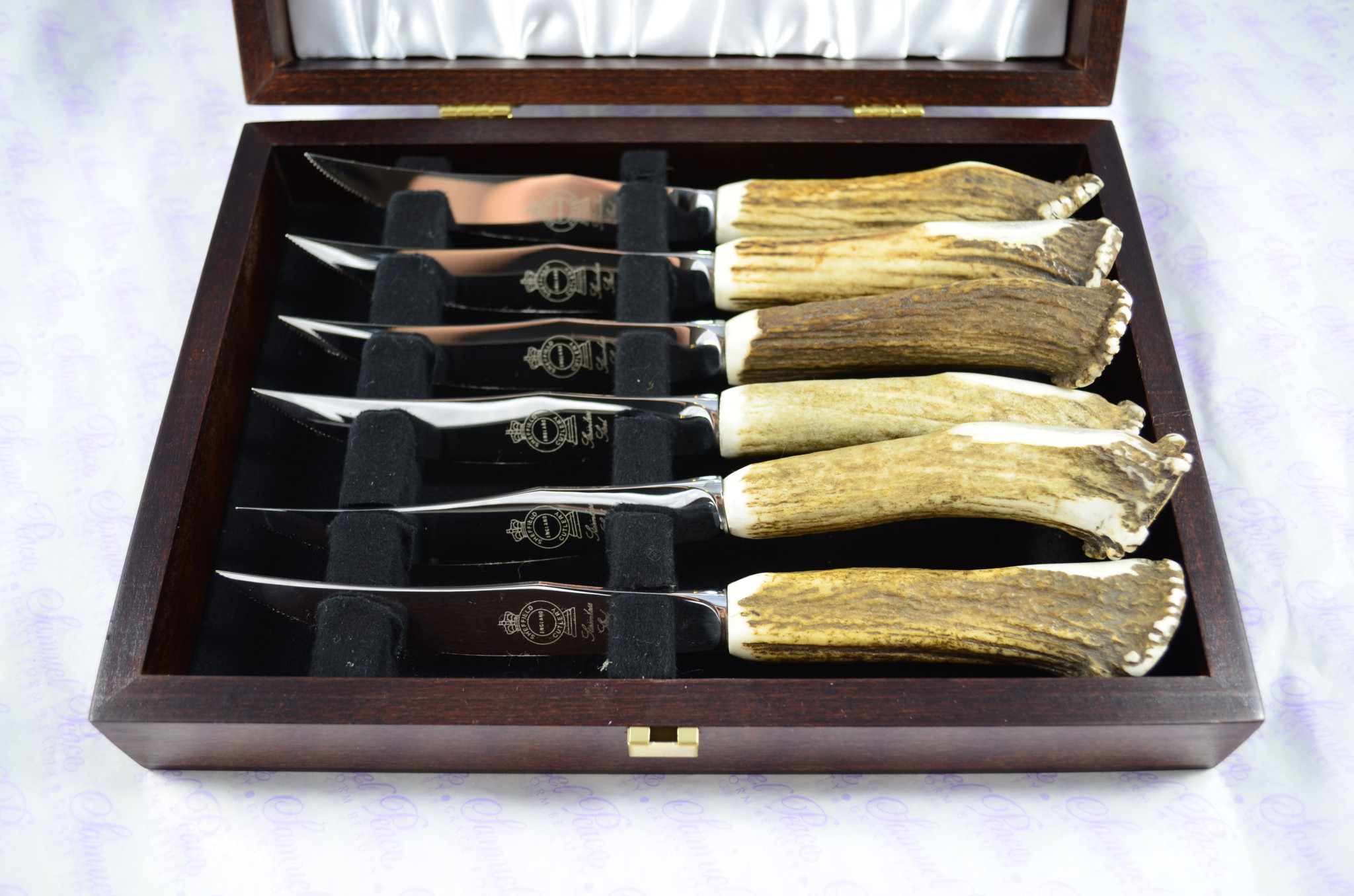 A Genuine Stag Crown Antler Handle 3 Piece Carving Set Cased Made In ...