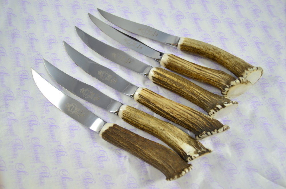 A Set of Six LIMITED EDITION Genuine Stag/Antler Handle Steak Knives