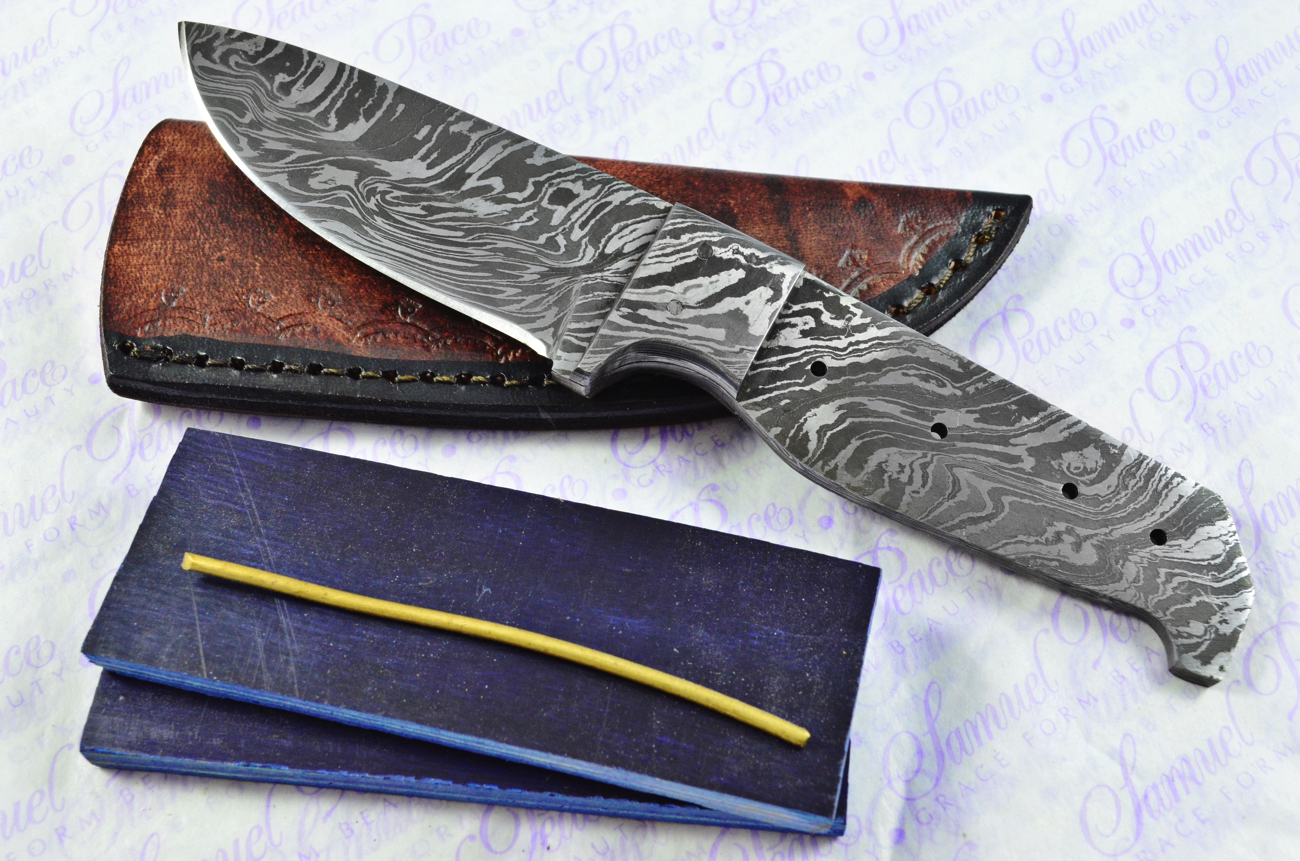 Knife Making Kit! Damascus Steel Utility Knife Blue Laminate Wood