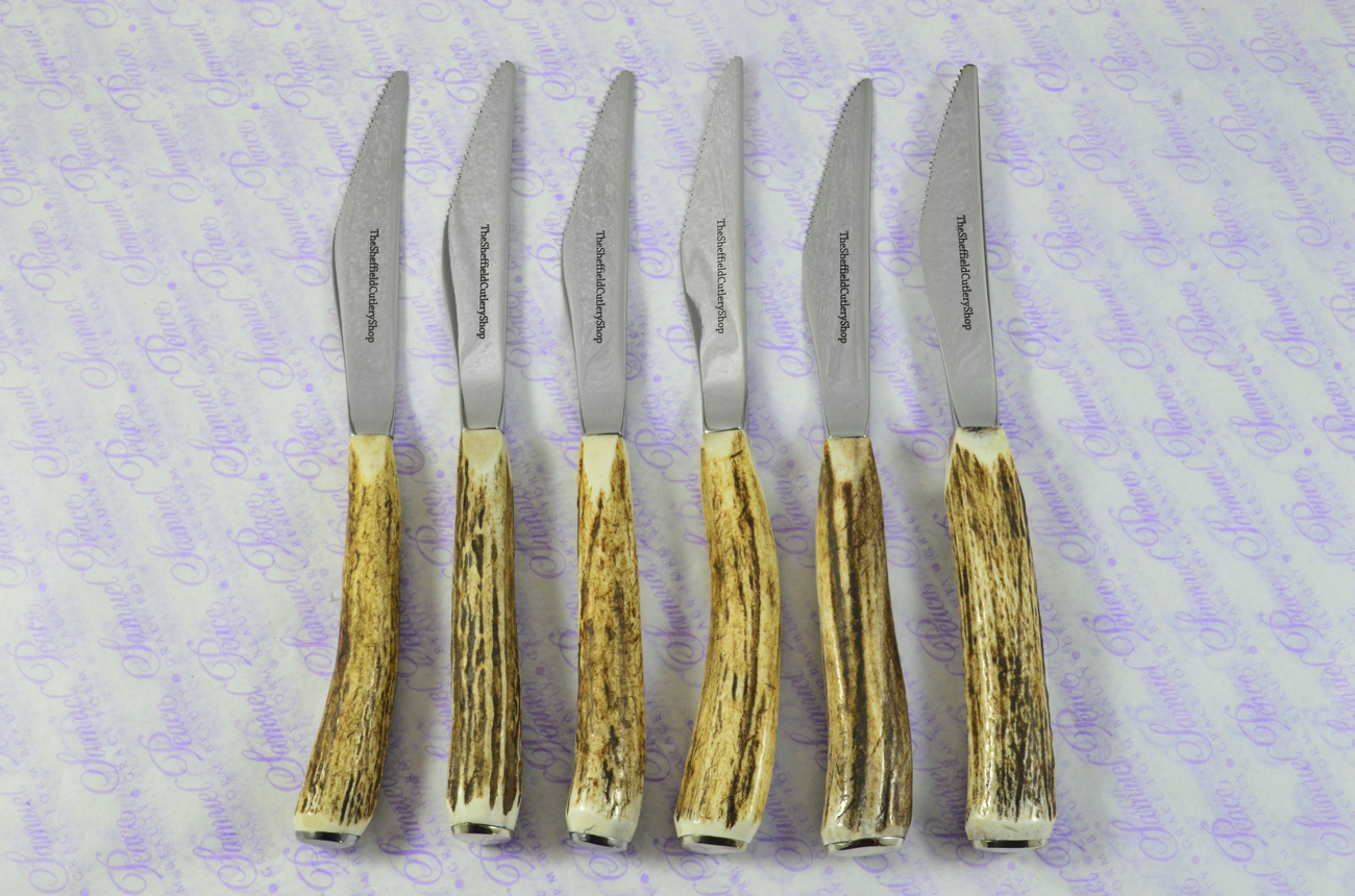 Serrated Stag Steak Knife Set  Set of 4 Stag Antler Handle Serrated Steak  Knives